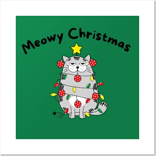 Meowy Christmas cat tangled in lights Posters and Art